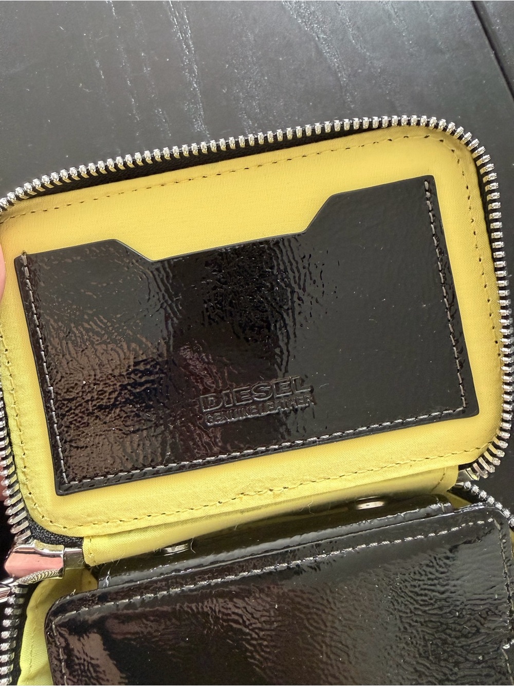 Diesel Black Patent Leather Mini Crossbody Wallet with Silver Chain - Picture 2 of 4
